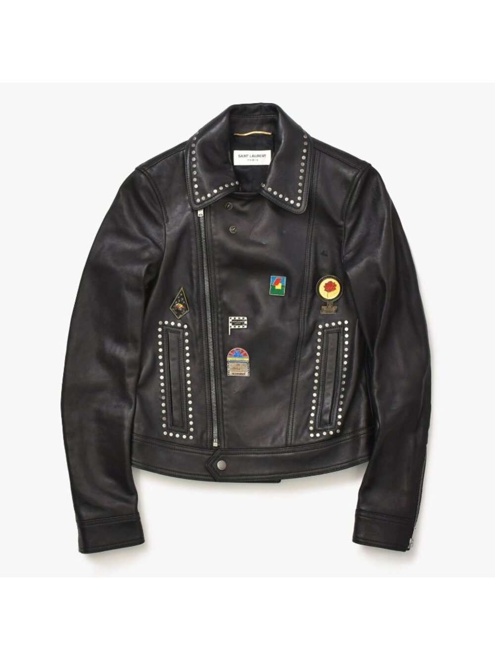 Saint Laurent Paris Multi Pin Badge and Studs Motorcycle Leather Jacket